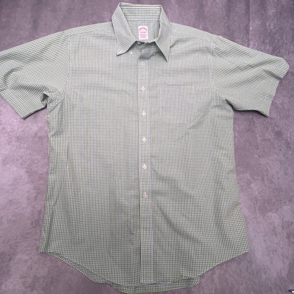 Brooks Brothers Button Down Mens L Green Blue Check Traditional Fit Short Sleeve - Picture 2 of 10